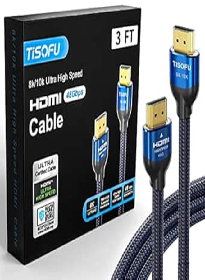 TISOFU [Ultra Certified] 8K HDMI Cable 3FT: HDMI 2.1 Cables 48Gbps High Speed Premium Braided Cord 8K@60Hz 4K@120Hz 4K@144Hz HDCP 2.2&2.3 CL3 ARC eARC Dolby - HD/HDR/HDTV/PS5/PS4/Xbox